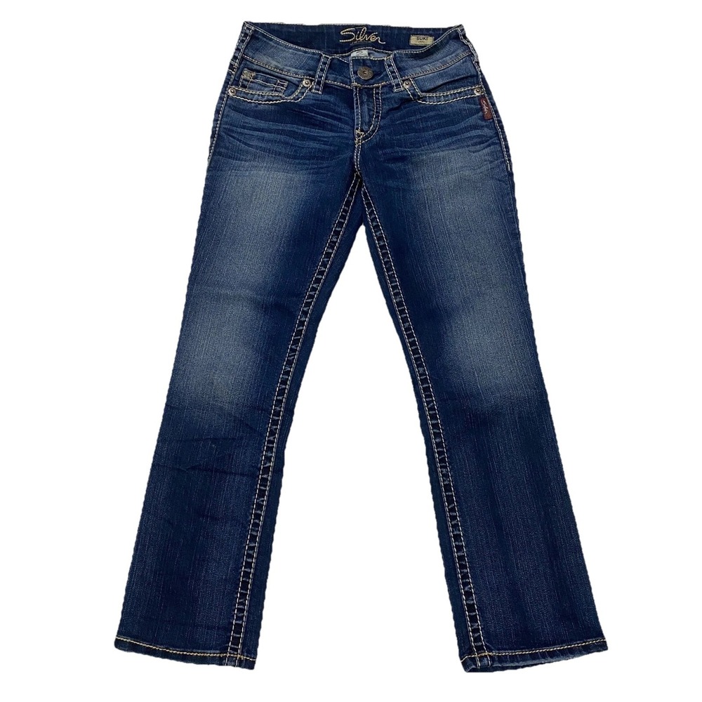 Silver Jeans Suki Capri Jeans Straight Leg Women Sz 25 Blue Contrast Stitching